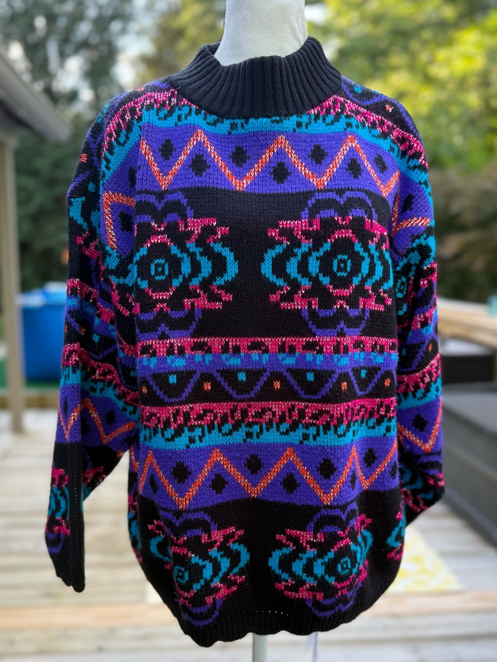 Vintage 90s Croquet Club Geometric Neon Sweater Women’s Black Geometric Shapes L
